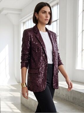 Mango NWT Deep Plum Sequin Suit Blazer Jacket XS